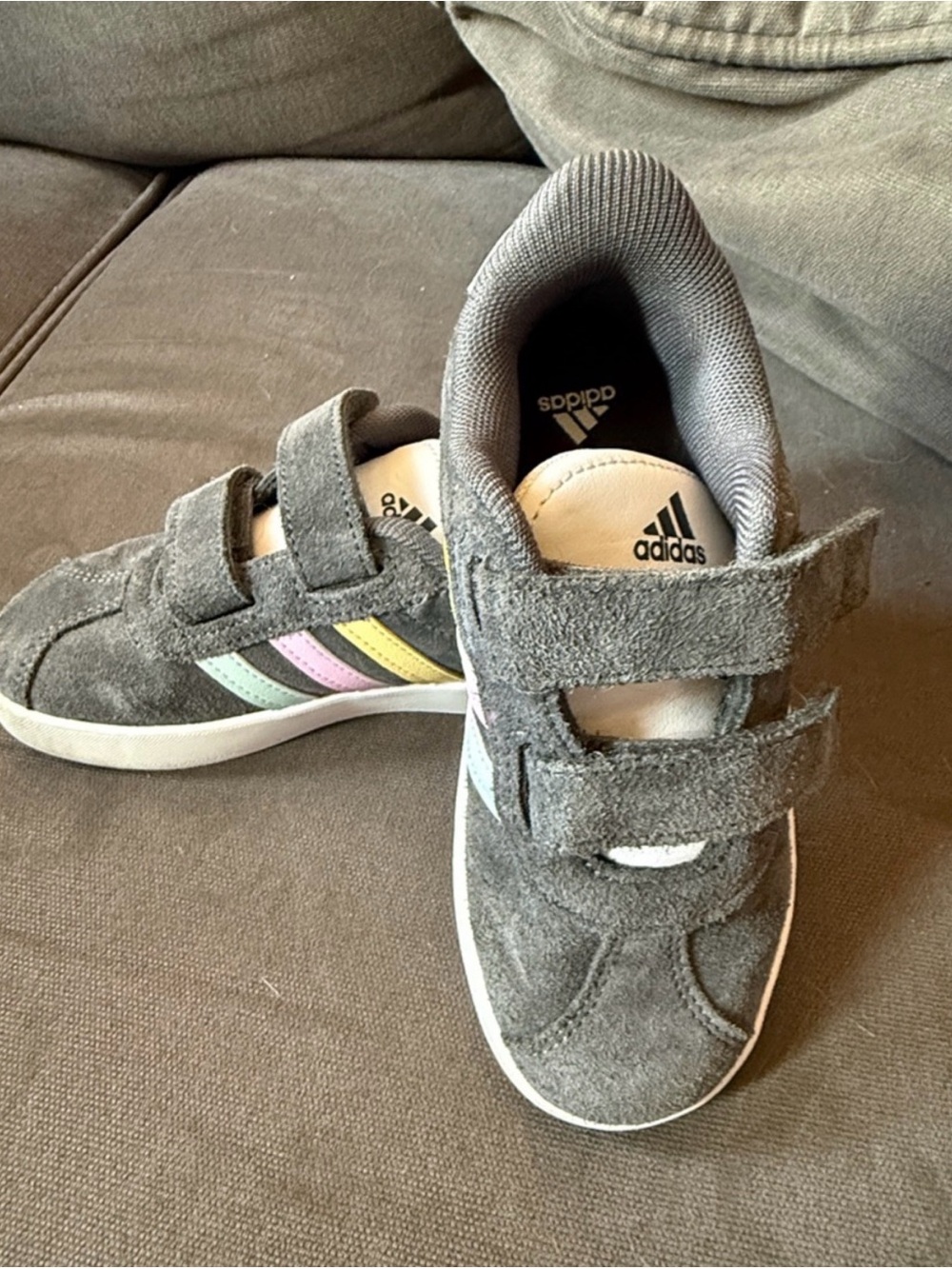 adidas Kids Grey Suede Sneakers with Pastel Pink, Mint & Yellow Stripes